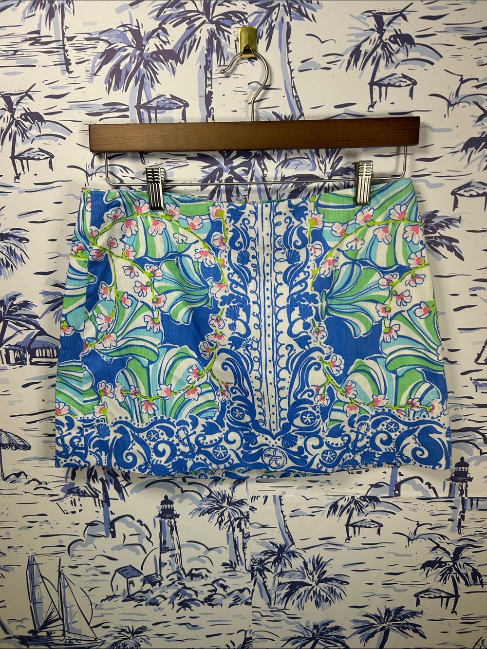 Lilly Pulitzer Bay Blue Floral Mini Skirt with Green Accents